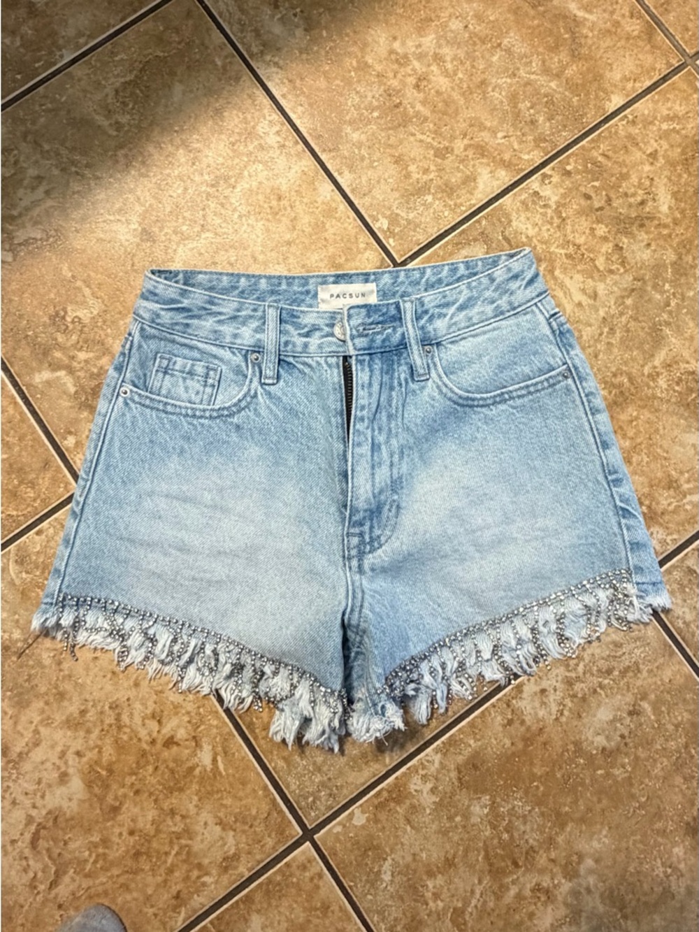 NWOT!! PacSun Faded Blue Beaded Fringe Denim Shorts 23